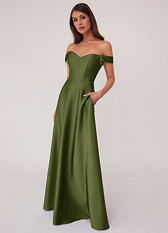 Barbie ♥ Azazie Bridesmaid Dresses Olive A-Line Off the Shoulder Stretch Satin Convertible Dress image4