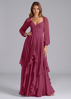 Azazie Karan Bridesmaid Dresses Mulberry A-Line Long Sleeve Chiffon Dress image3
