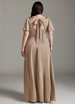 Azazie Kimber Bridesmaid Dresses Taupe A-Line Ruched Stretch Satin Dress image8