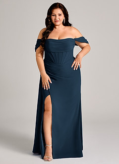 Azazie Amyra Bridesmaid Dresses Dark Navy Sheath Off the Shoulder Chiffon Convertible Dress image12