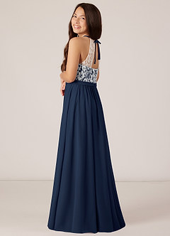 Azazie Fahari Junior A-Linie Spitze Chiffon Kleid Dunkelmarine image5