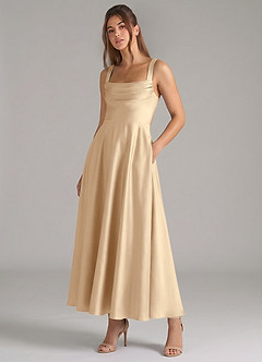 Azazie Shaude Bridesmaid Dresses Champagne A-Line Pleated Stretch Satin Dress image5