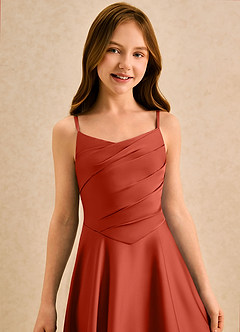 Azazie Coconut Girls Formal Blumenmädchenkleider A-Linie Plissee Stretch-Satin Kleid Rost image6