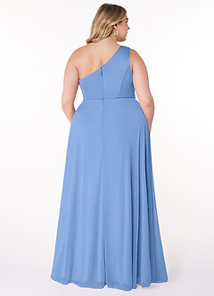 Azazie Brooke Vestidos de damas de honor Vestido de Azul Acero de Malla de Corte En A con Hombro unilateral image7