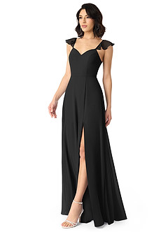 Azazie Everett Bridesmaid Dresses Black A-Line V-neck Ruched Chiffon Dress image3