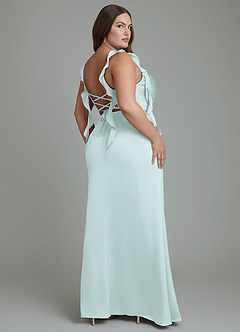 Azazie Jessamine Bridesmaid Dresses Sea Glass Sheath Corset Stretch Satin Dress image9