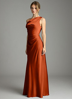 Azazie Emerson Bridesmaid Dresses Paprika Mermaid Off the Shoulder Stretch Satin Dress image2