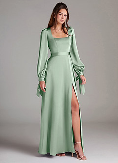 Azazie Leonia Bridesmaid Dresses Agave A-Line Long Sleeve Stretch Satin Dress image3
