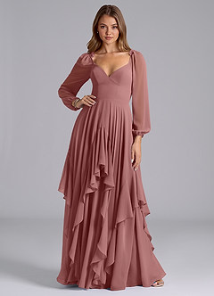Azazie Karan Abiti da Damigella Abito A-Line in Chiffon Manica Lunga Rosa Del Deserto image3