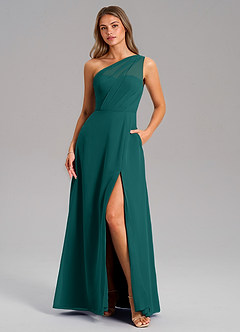 Azazie Phaedra Bridesmaid Dresses Peacock A-Line One Shoulder Chiffon Dress image9