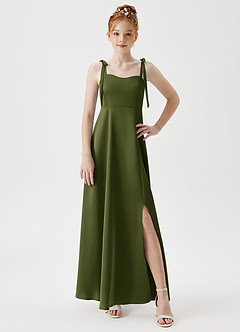 Azazie Rosey Junior A라인 스윗하트 네크라인 스트레치 새틴 플로어 길이 주니어 신부 들러리 드레스 image5