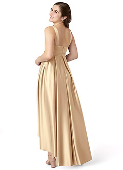 Azazie Inaya Junior Robe Trapèze en Satin extensible avec ceinture Champagne image4