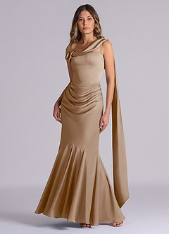 Azazie Inara Suknie dla druhen Syrena Pofałdowany Satyna elastyczna Do ziemi Sukienka image2