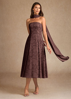 Azazie Lorain Mother of the Bride Dresses Espresso A-Line Pleated Floral Burnout Dress image2