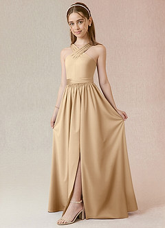 Azazie Jiya Junior Robe Trapèze en Satin extensible Plissée Champagne image1