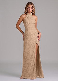 Azazie Jemma 신부 들러리 드레스 쉬스 주름진 플로럴 번아웃 바닥 길이 드레스 image1