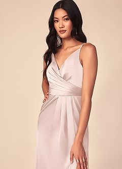 Azazie Aqua Bridesmaid Dresses Blushing Pink A-Line V-Neck Pleated Stretch Satin Dress image6