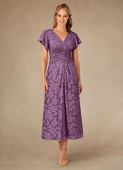 Azazie Vera 신부의 어머니 드레스 A라인 주름진 플로럴 번아웃 티 길이 드레스 image1