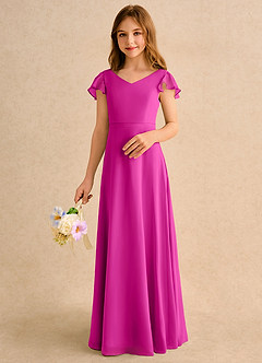Azazie Nari Girls Formal Robe Demoiselle D'honneur Fillette Robe Trapèze en Mousseline de soie avec manches Fuchsia image4