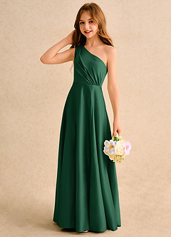 Azazie Puddles Junior Formal Abiti da Ragazza di Fiori Abito A-Line in Raso Opaco Monospalla Verde Scuro image6