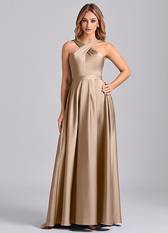 Azazie Dixie Bridesmaid Dresses Taupe A-Line Pleated Stretch Satin Dress image1