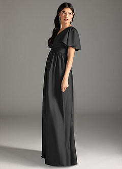 Azazie Verna At-home Try On Dresses A-Line Ruched Stretch Satin Floor-Length Dress image7