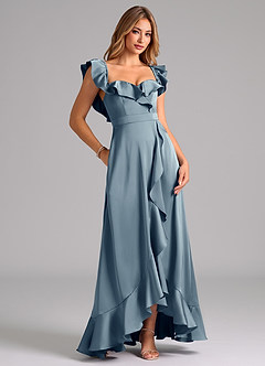 Azazie Lyra Bridesmaid Dresses Dusty Blue A-Line Off the Shoulder Stretch Satin Convertible Dress image2