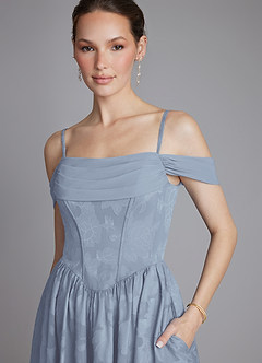 Azazie Raisa At-home Try On Dresses Dusty Blue A-Line Off the Shoulder Floral Burnout Dress image3