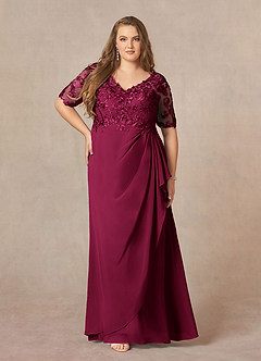 Azazie Amedeus vestidos de madre de la novia Vestido Borgoña de Gasa de Corte en A con Encaje cuello pico image6