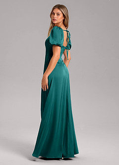 Azazie Fyona Bridesmaid Dresses Peacock A-Line Pleated Stretch Satin Dress image11