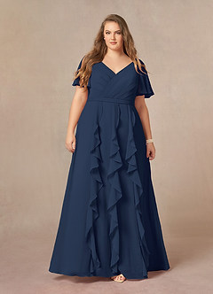 Azazie Watson At-home Try On Dresses Dark Navy A-Line V-Neck Chiffon Dress image6