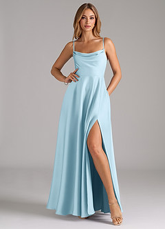 Azazie Elle Bridesmaid Dresses Sky Blue A-Line Pleated Stretch Satin Dress image3