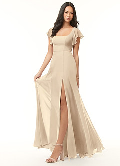 Azazie Bondi Bridesmaid Dresses Champagne A-Line Ruffled Chiffon Dress image4