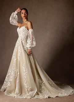 Azazie Madeleine Wedding Dresses Diamond White Champagne Ball-Gown Strapless Lace Dress image3