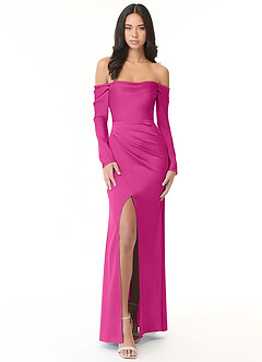 Azazie Hallie Brudtärnklänningar Klänning av Tubklänning i Stretch Satin Off-The-Soulder långärmad Fuchsia Konvertibel image4