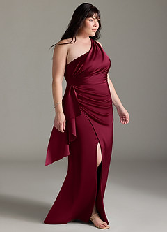 Azazie Maive Bridesmaid Dresses Burgundy Sheath Ruched Stretch Satin Dress image8