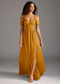 Azazie Lianne Bridesmaid Dresses Butterscotch A-Line Off the Shoulder Stretch Satin Dress image2