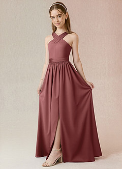 Azazie Jiya Junior Vestido de Amatista de Satén Elástico de Corte en A con Plisado image1