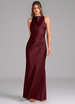 Azazie Evadne Bridesmaid Dresses Cabernet Sheath Pleated Stretch Satin Dress image3