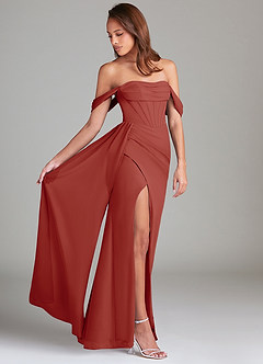 Azazie Amyra Bridesmaid Dresses Terracotta Sheath Off the Shoulder Chiffon Convertible Dress image3