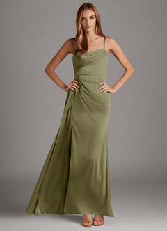 Azazie Bona Schlussverkauf A-Linie V-Hals Gefaltet Stretch-Satin Kleid Pistazie image1