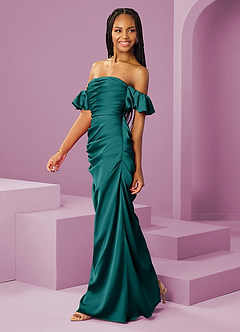 Barbie ♥ Azazie Robes de demoiselle d'honneur Robe Fourreau Convertible en Satin extensible Épaule décolletée Paon image4