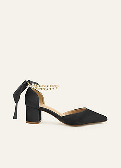front Matching Color Matte Satin Pearl and Bow Pointed Toe Block Heels