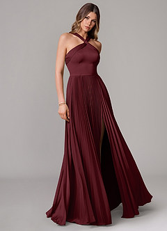 Azazie Afra Bridesmaid Dresses Cabernet A-Line Pleated Stretch Satin Dress image1