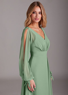 Azazie Matilda Bridesmaid Dresses Matcha A-Line Long Sleeve Chiffon Dress image7