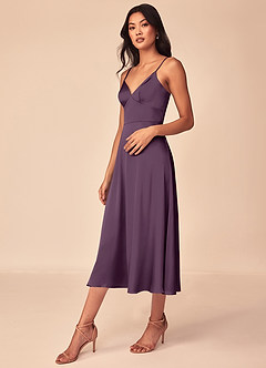 Azazie Dottie Bridesmaid Dresses Plum A-Line Stretch Satin Dress image4
