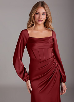 Azazie Charissa Robes de demoiselle d'honneur Robe Fourreau en Satin extensible Manche longue Grenade image7