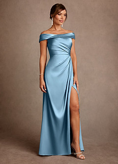 Azazie Bedford Mother of the Bride Dresses Steel Blue Sheath Pleated Stretch Satin Dress image4