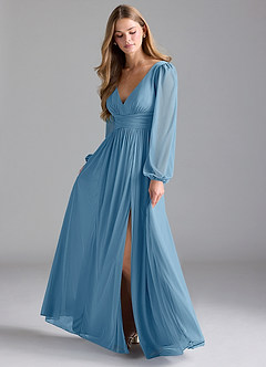Azazie Norah Bridesmaid Dresses Steel Blue A-Line Mesh Dress image1