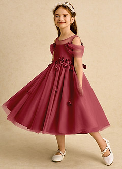 Azazie Juni Flower Girl Dresses Pomegranate Ball-Gown Pleated Tulle Dress image3